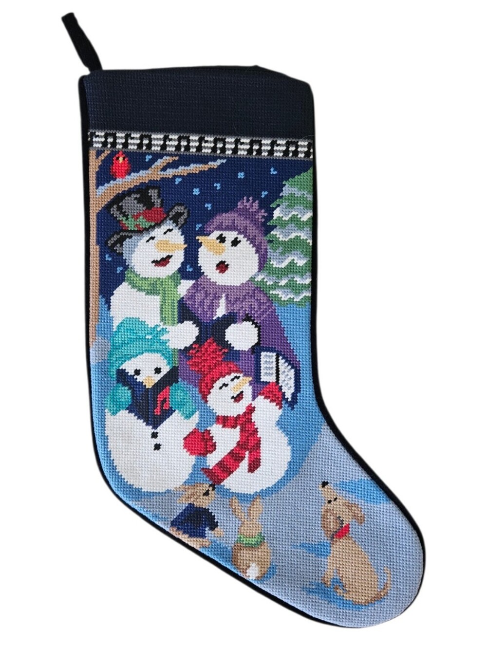 Lands' End Needlepoint Caroling Snowmen Holiday Stocking Unmonogrammed Blue